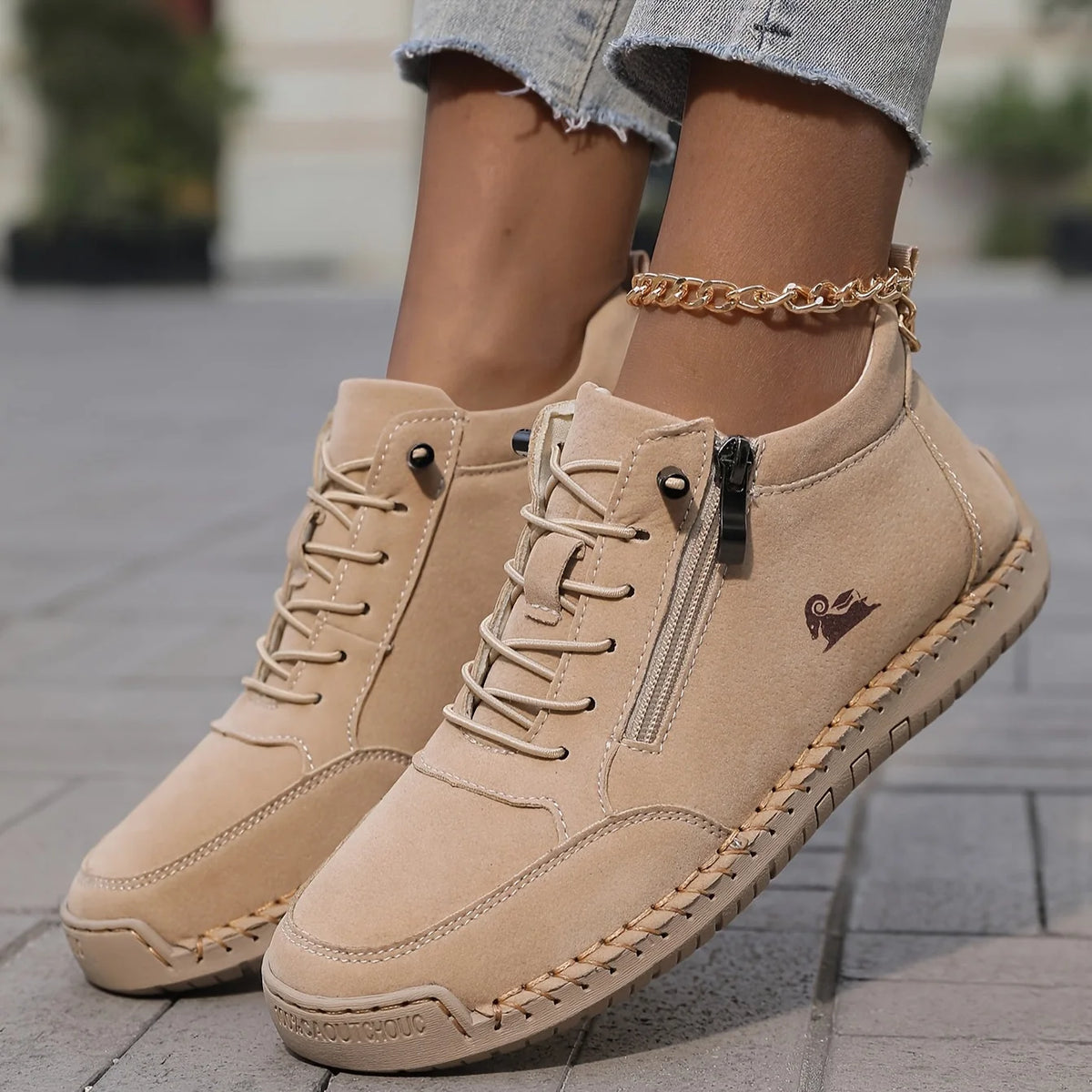 Side-Zip Lace-Up Sneakers in Khaki