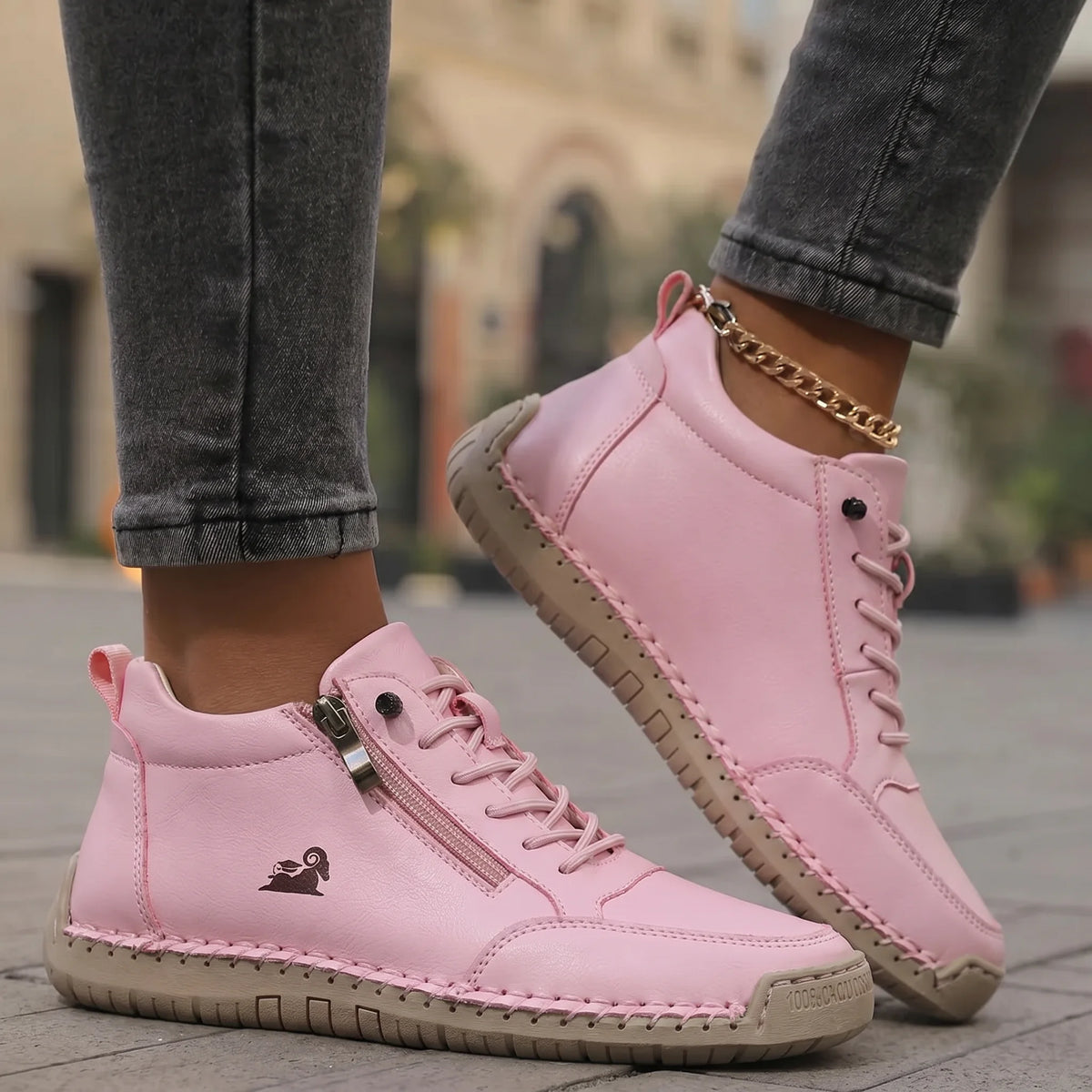 Side-Zip Lace-Up Sneakers in Pink