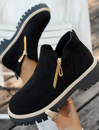 Gold Zip Lug Sole Ankle Boots in Black