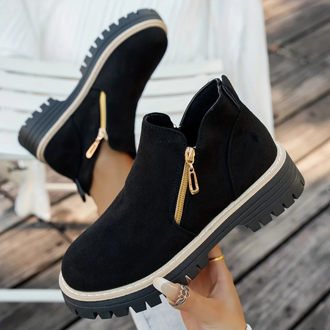 Gold Zip Lug Sole Ankle Boots in Black