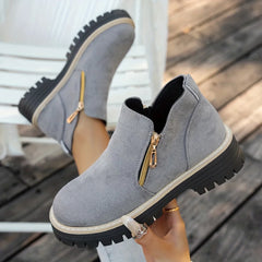 Gold Zip Lug Sole Ankle Boots in Gray
