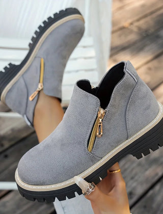 Gold Zip Lug Sole Ankle Boots in Gray