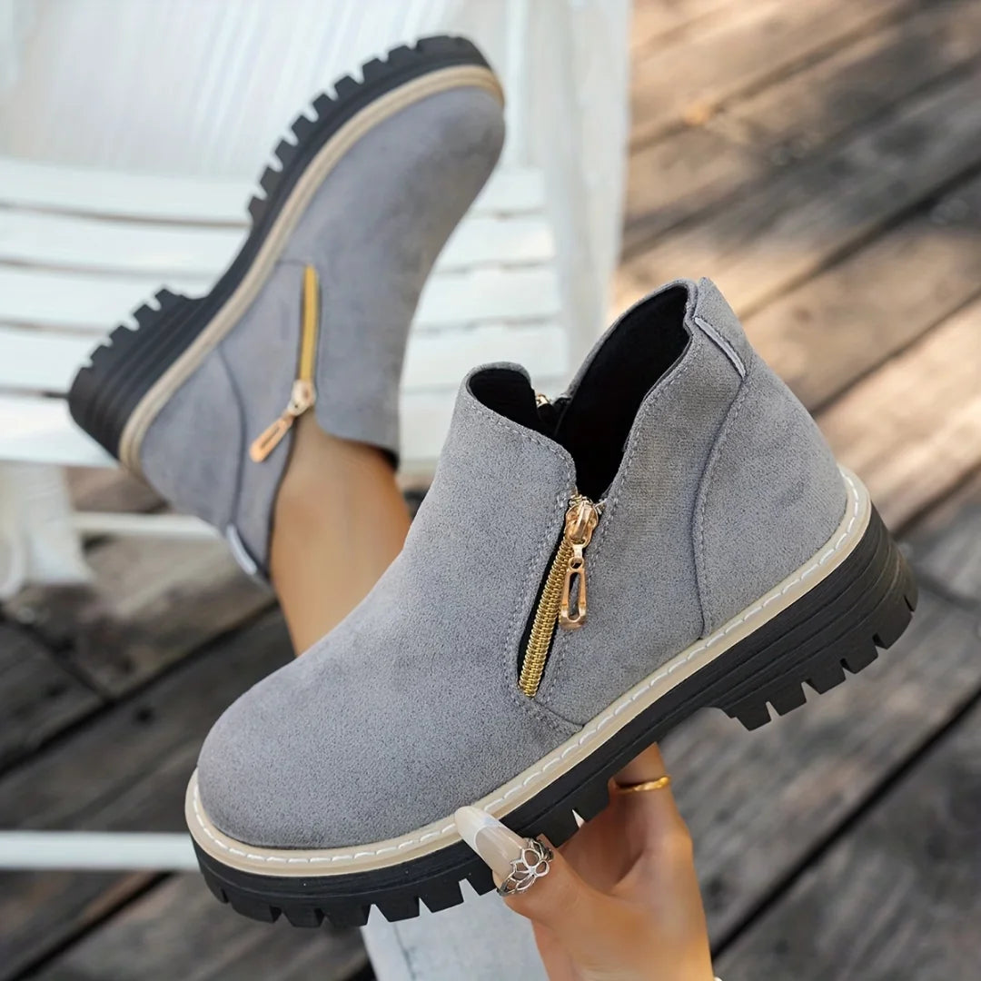 Gold Zip Lug Sole Ankle Boots in Gray