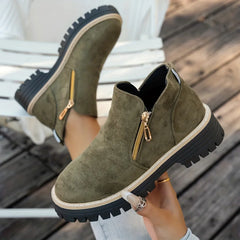 Gold Zip Lug Sole Ankle Boots in Olive Green