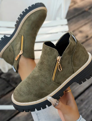 Gold Zip Lug Sole Ankle Boots in Olive Green