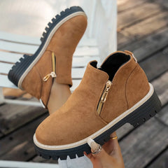 Gold Zip Lug Sole Ankle Boots in Camel