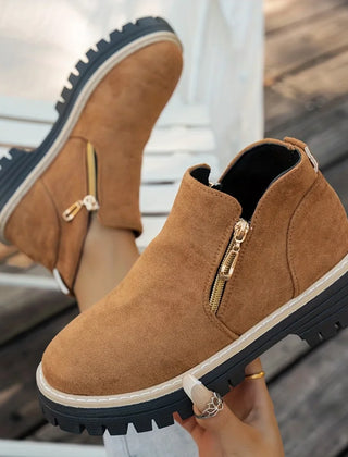 Gold Zip Lug Sole Ankle Boots in Camel