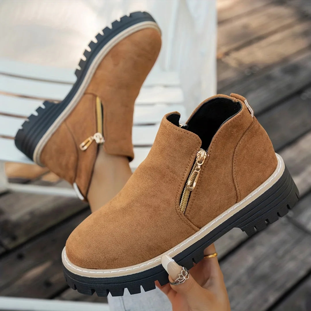 Gold Zip Lug Sole Ankle Boots in Camel