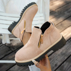 Gold Zip Lug Sole Ankle Boots in Beige