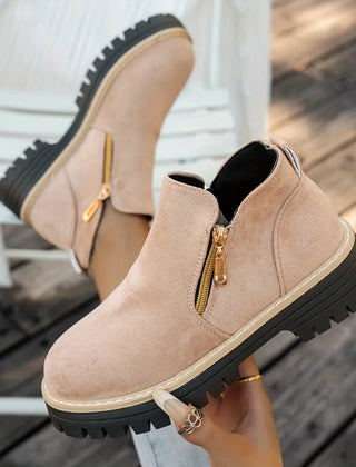 Gold Zip Lug Sole Ankle Boots in Beige