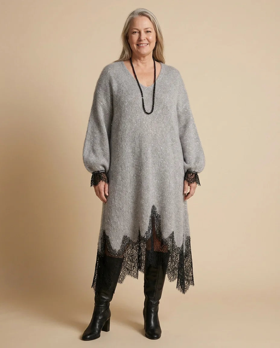 Lace Hem Sparkle Midi Dress worn by a woman with curves