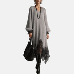 Lace Hem Sparkle Midi Dress in Gray