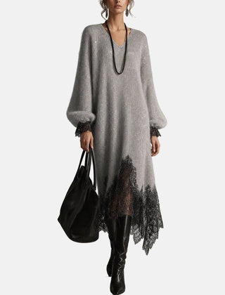 Lace Hem Sparkle Midi Dress in Gray