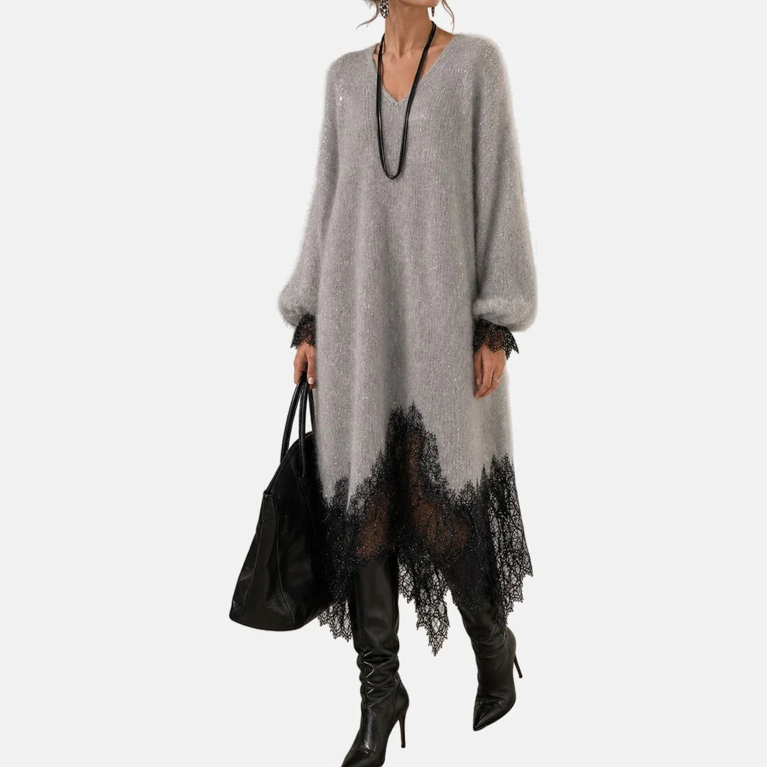 Lace Hem Sparkle Midi Dress in Gray