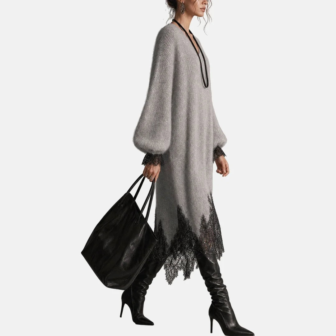 Lace Hem Sparkle Midi Dress in Gray