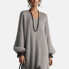 Lace Hem Sparkle Midi Dress in Gray