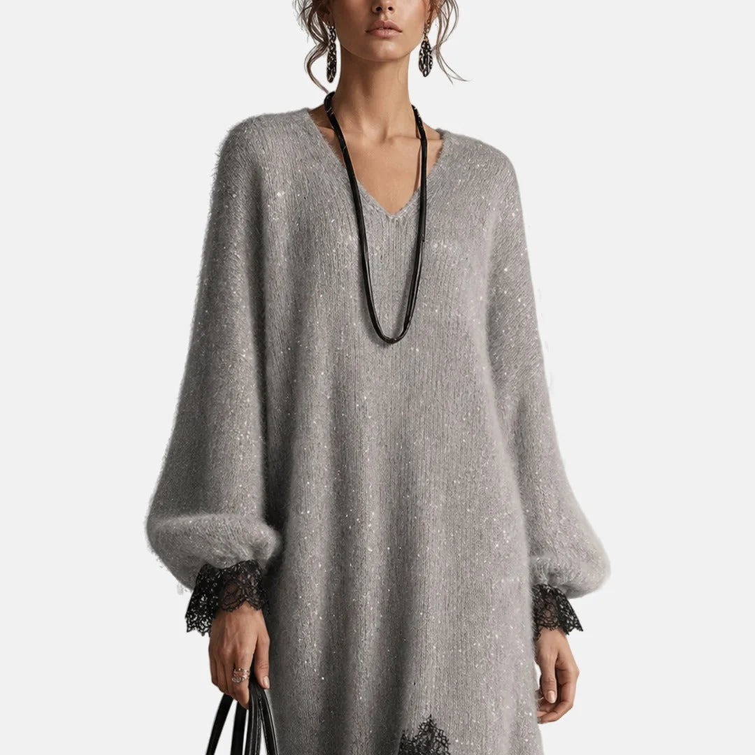 Lace Hem Sparkle Midi Dress in Gray