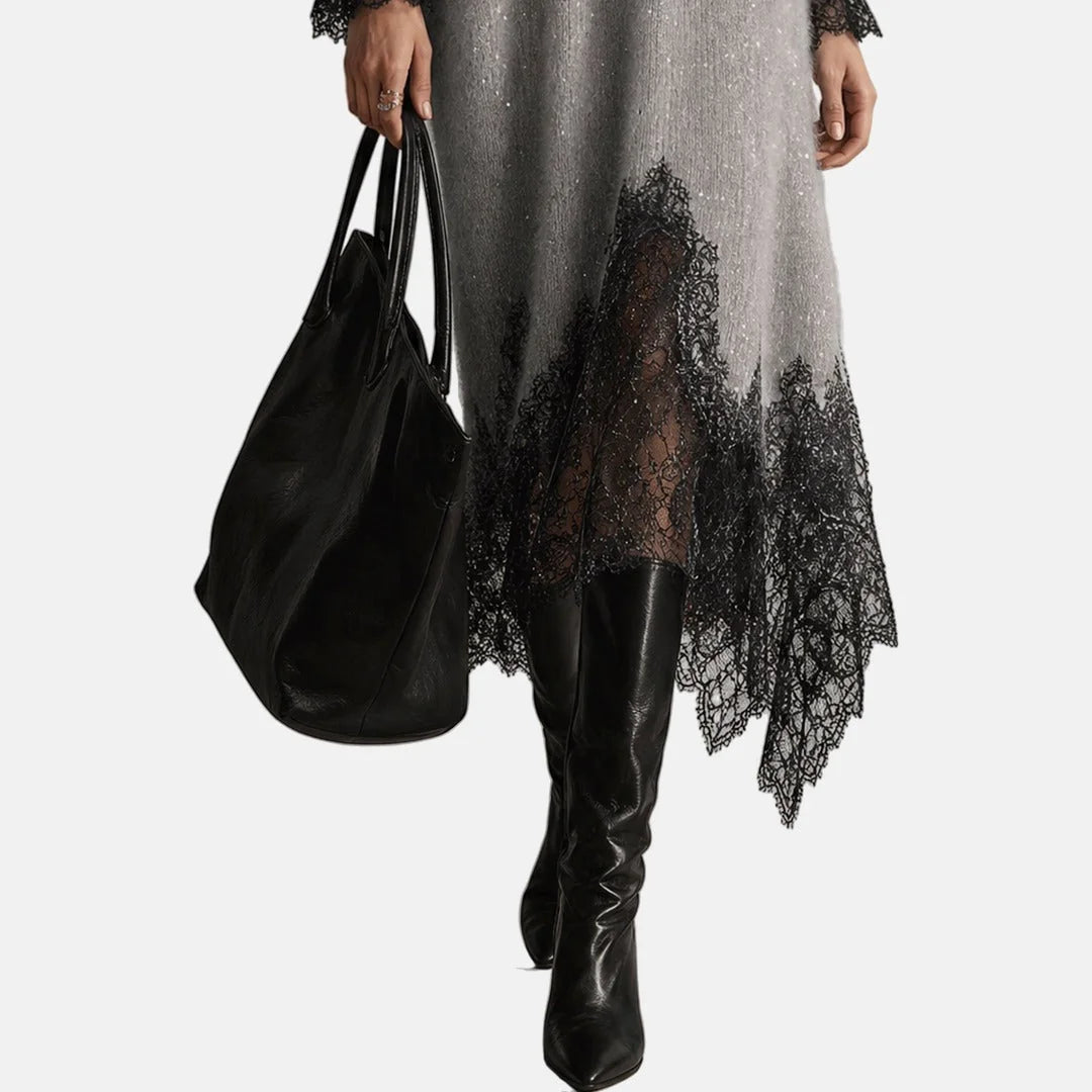Lace Hem Sparkle Midi Dress in Gray
