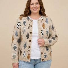Cat Print Button Cardigan worn by a woman with curves