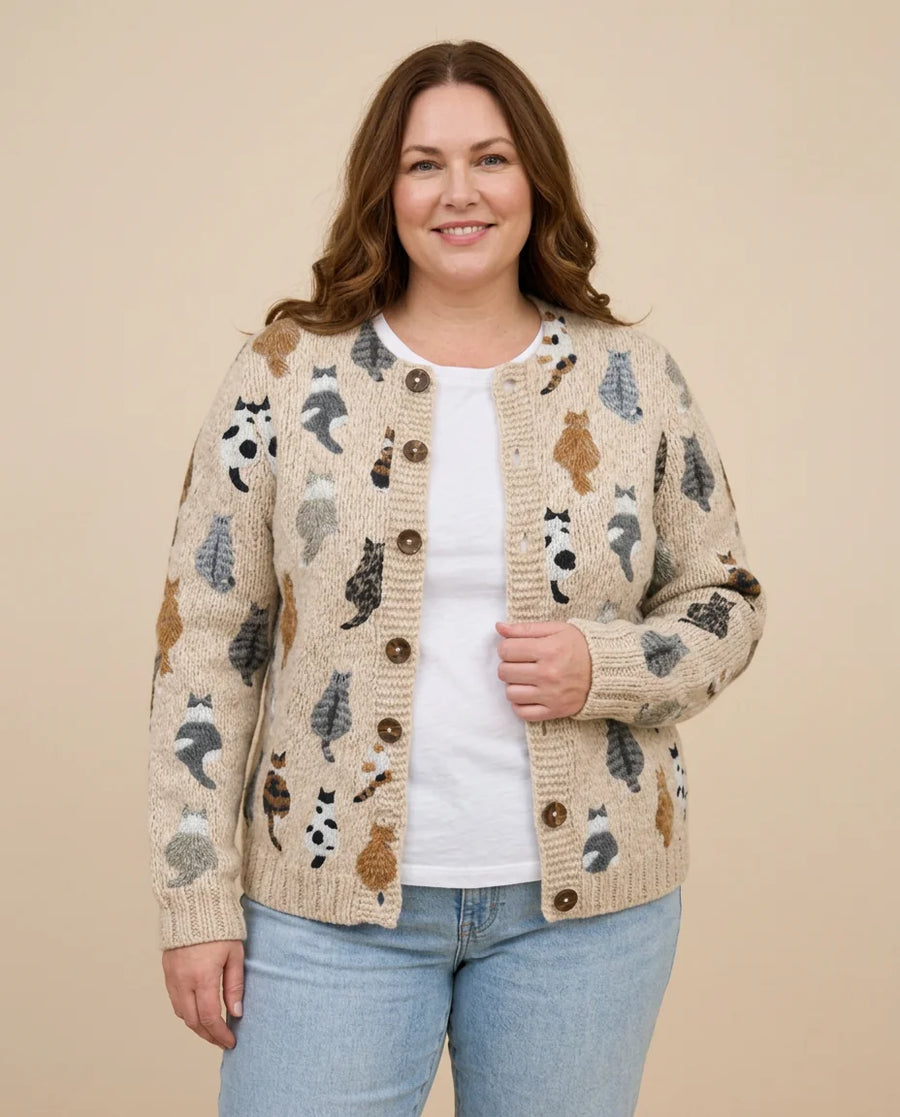 Cat Print Button Cardigan worn by a woman with curves