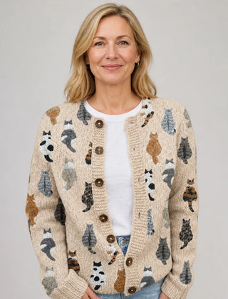 Cat Print Button Cardigan in Beige
