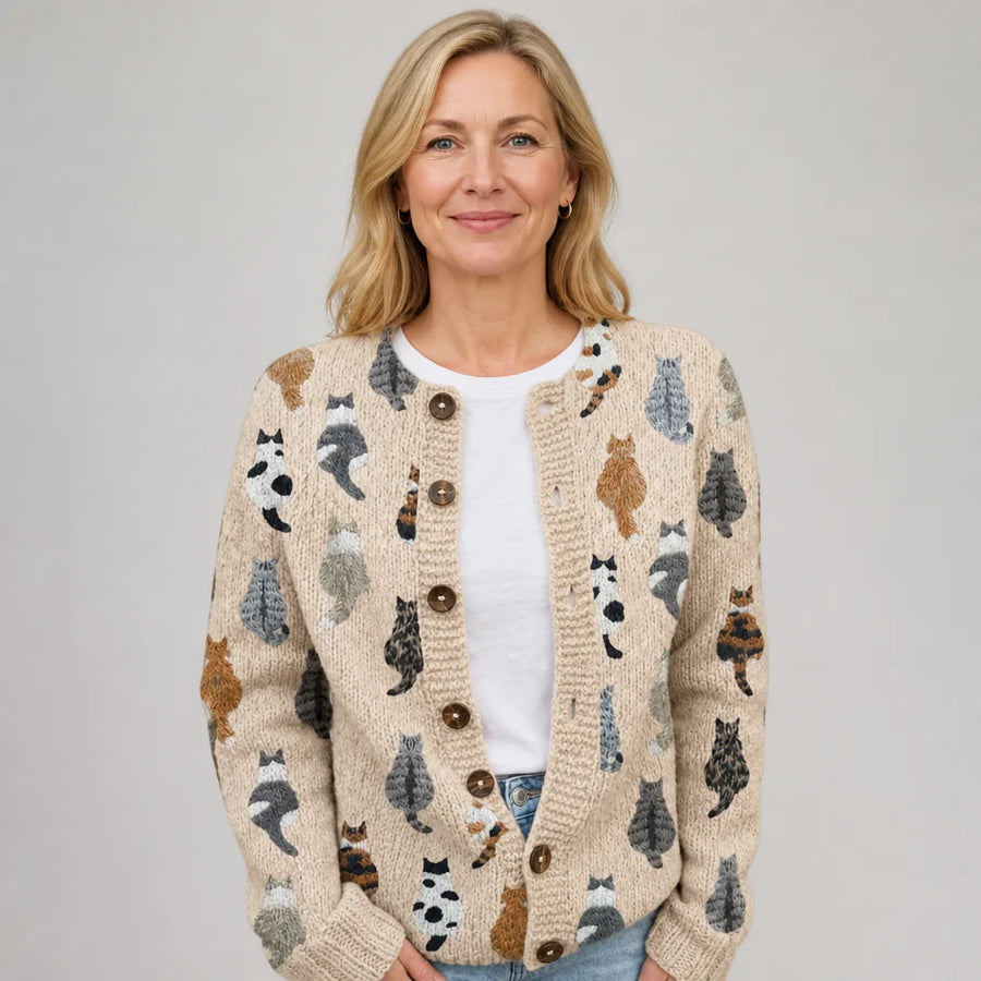 Cat Print Button Cardigan in Beige