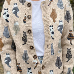 Cat Print Button Cardigan in Beige