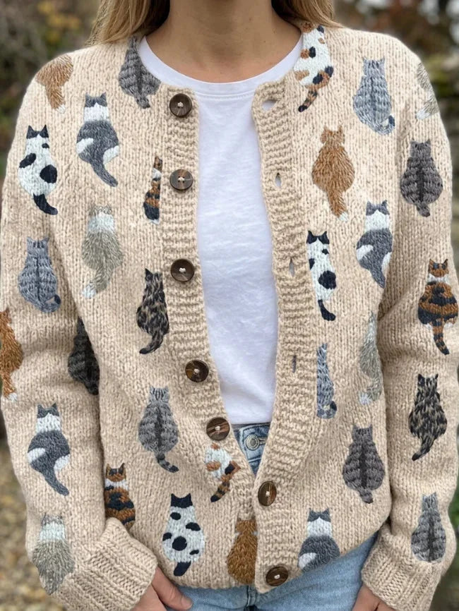 Cat Print Button Cardigan in Beige