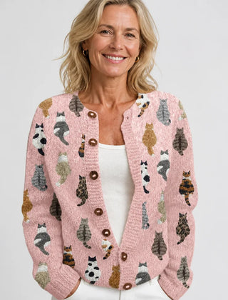 Cat Print Button Cardigan in Pink