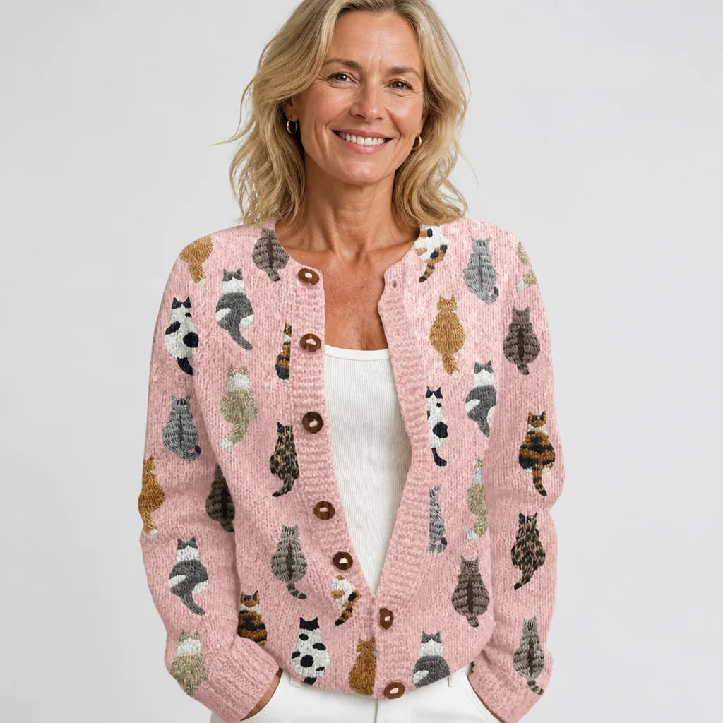 Cat Print Button Cardigan in Pink