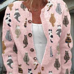 Cat Print Button Cardigan in Pink