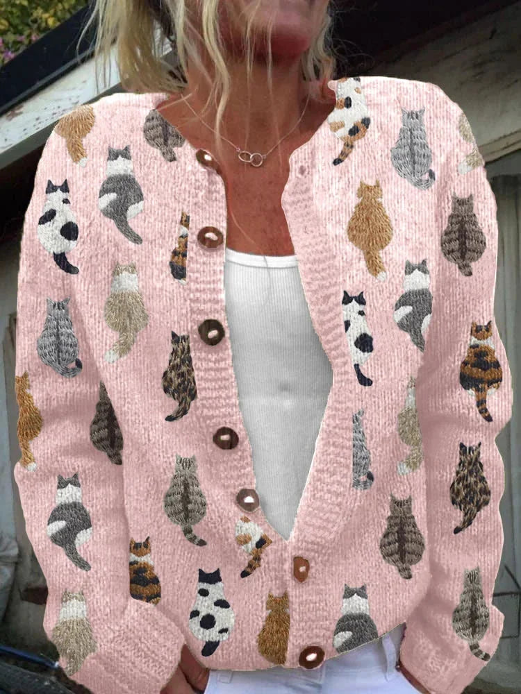 Cat Print Button Cardigan in Pink