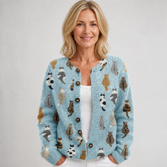 Cat Print Button Cardigan in Light Blue