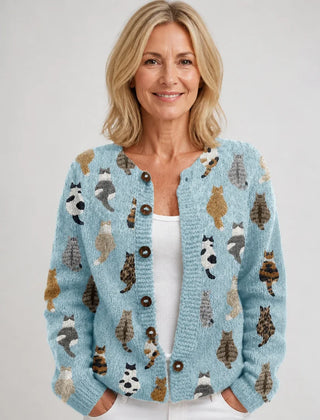 Cat Print Button Cardigan in Light Blue