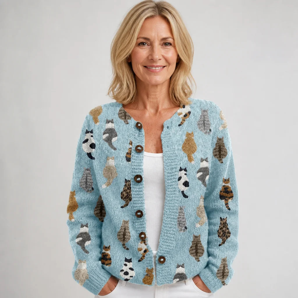 Cat Print Button Cardigan in Light Blue