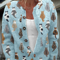 Cat Print Button Cardigan in Light Blue