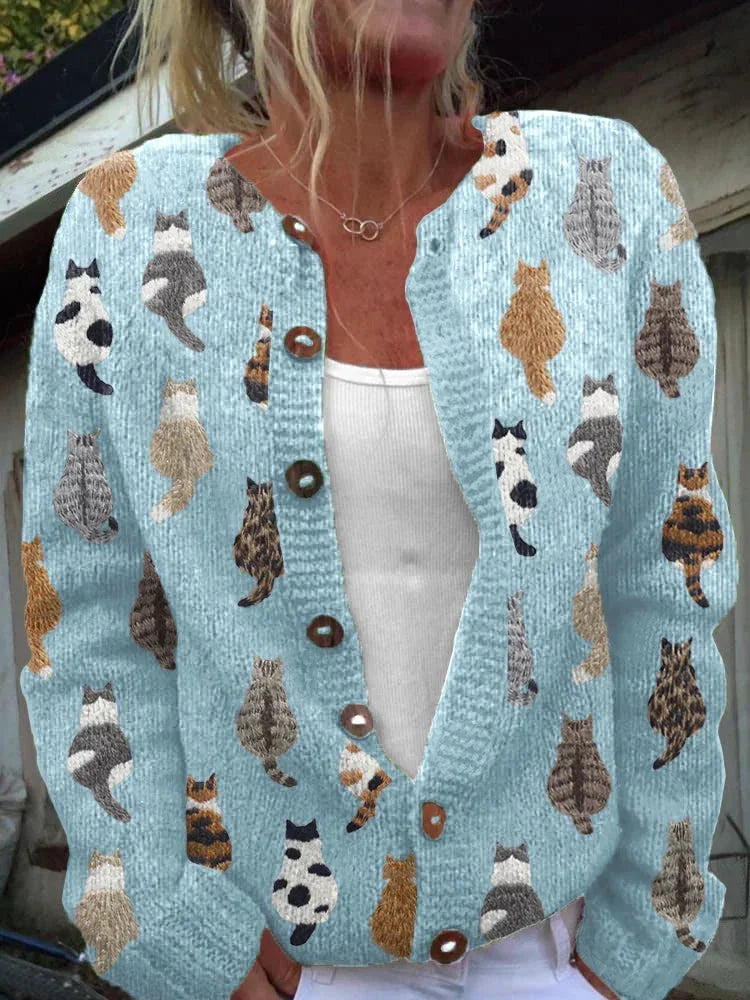 Cat Print Button Cardigan in Light Blue