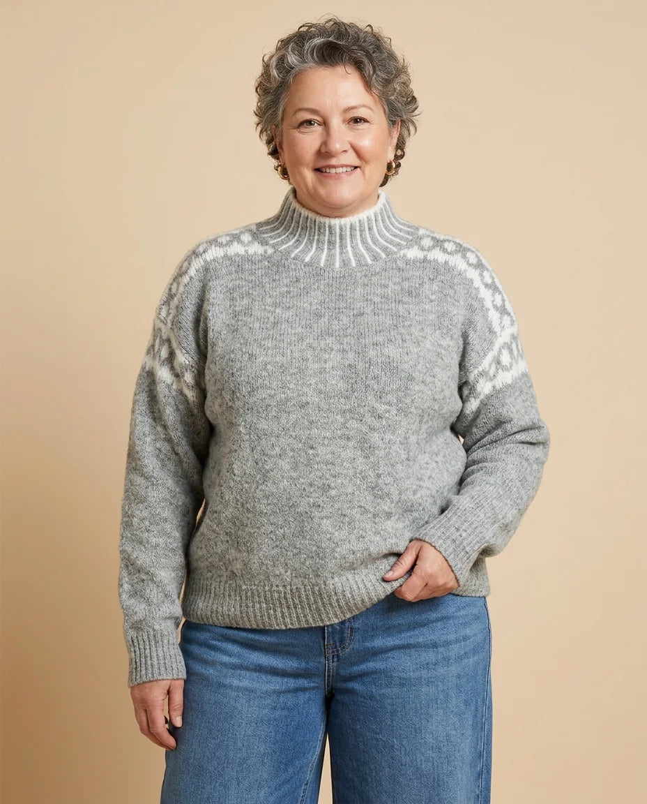 Contrast Pattern Mock Neck Sweater worn by a woman with curves