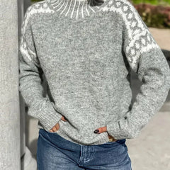 Contrast Pattern Mock Neck Sweater in Gray
