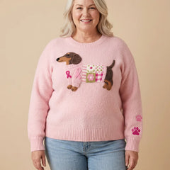 Dachshund Patchwork Crew Neck Sweater worn by a woman with curves
