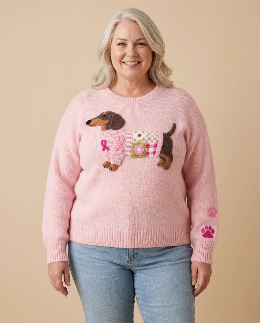 Dachshund Patchwork Crew Neck Sweater worn by a woman with curves