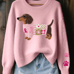 Dachshund Patchwork Crew Neck Sweater in Pink