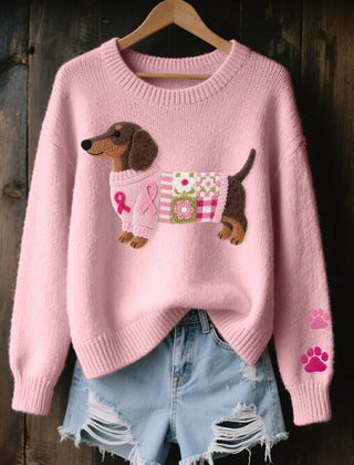 Dachshund Patchwork Crew Neck Sweater in Pink