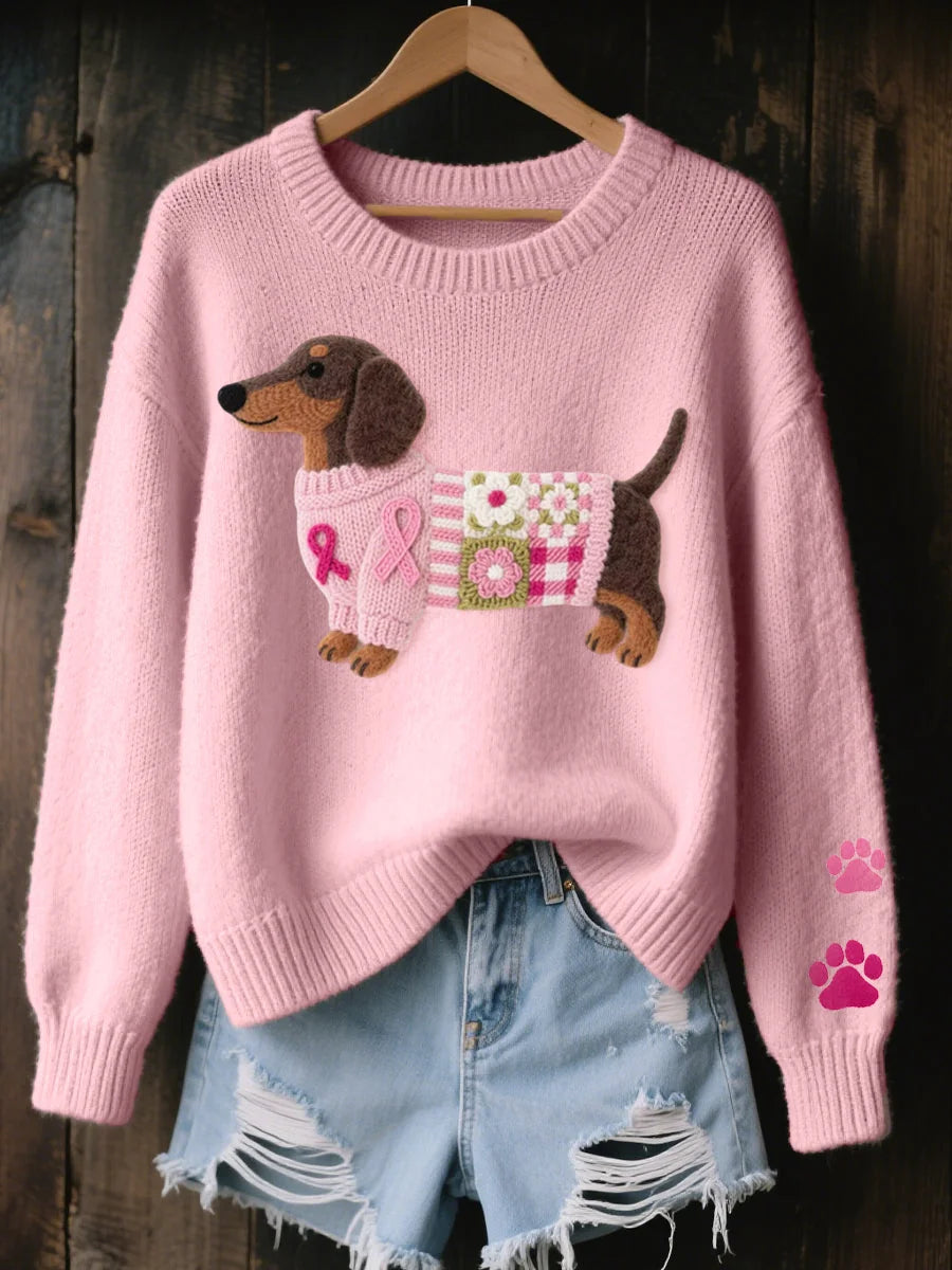 Dachshund Patchwork Crew Neck Sweater in Pink