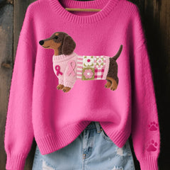 Dachshund Patchwork Crew Neck Sweater in Fuchsia