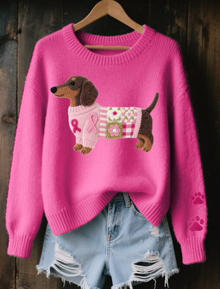 Dachshund Patchwork Crew Neck Sweater in Fuchsia