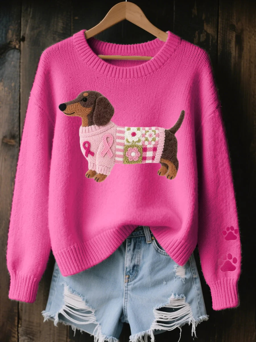 Dachshund Patchwork Crew Neck Sweater in Fuchsia