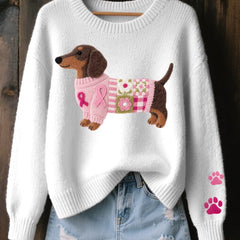 Dachshund Patchwork Crew Neck Sweater in White