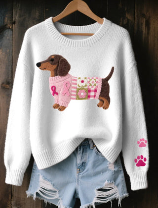 Dachshund Patchwork Crew Neck Sweater in White