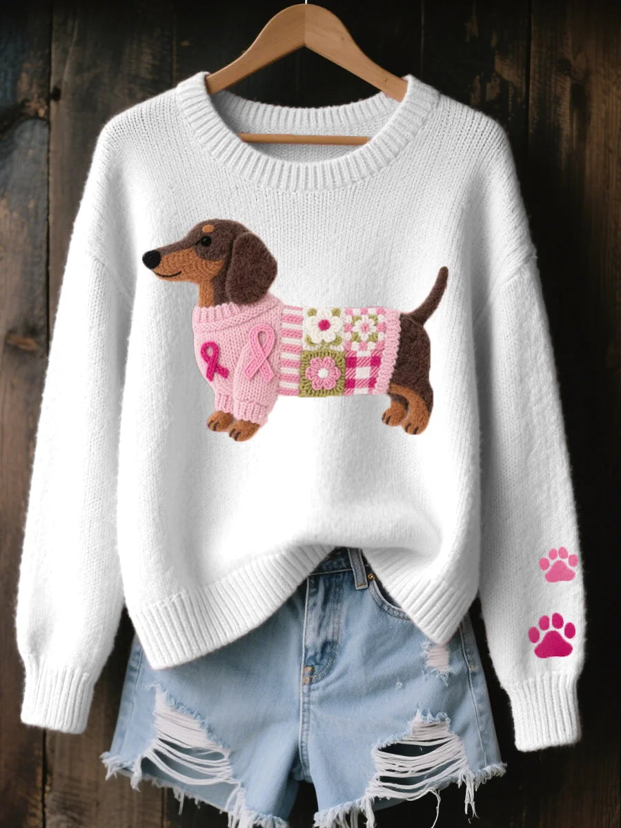 Dachshund Patchwork Crew Neck Sweater in White